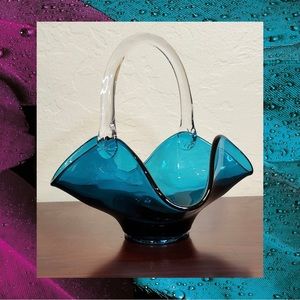 Vintage Teal Blue Art Glass Basket 6” x 7.5”